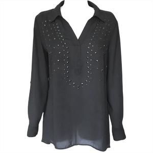Style & Co. Black Studded Studs V Neck Sheer Tab Sleeve Tunic Blouse NEW NWOT